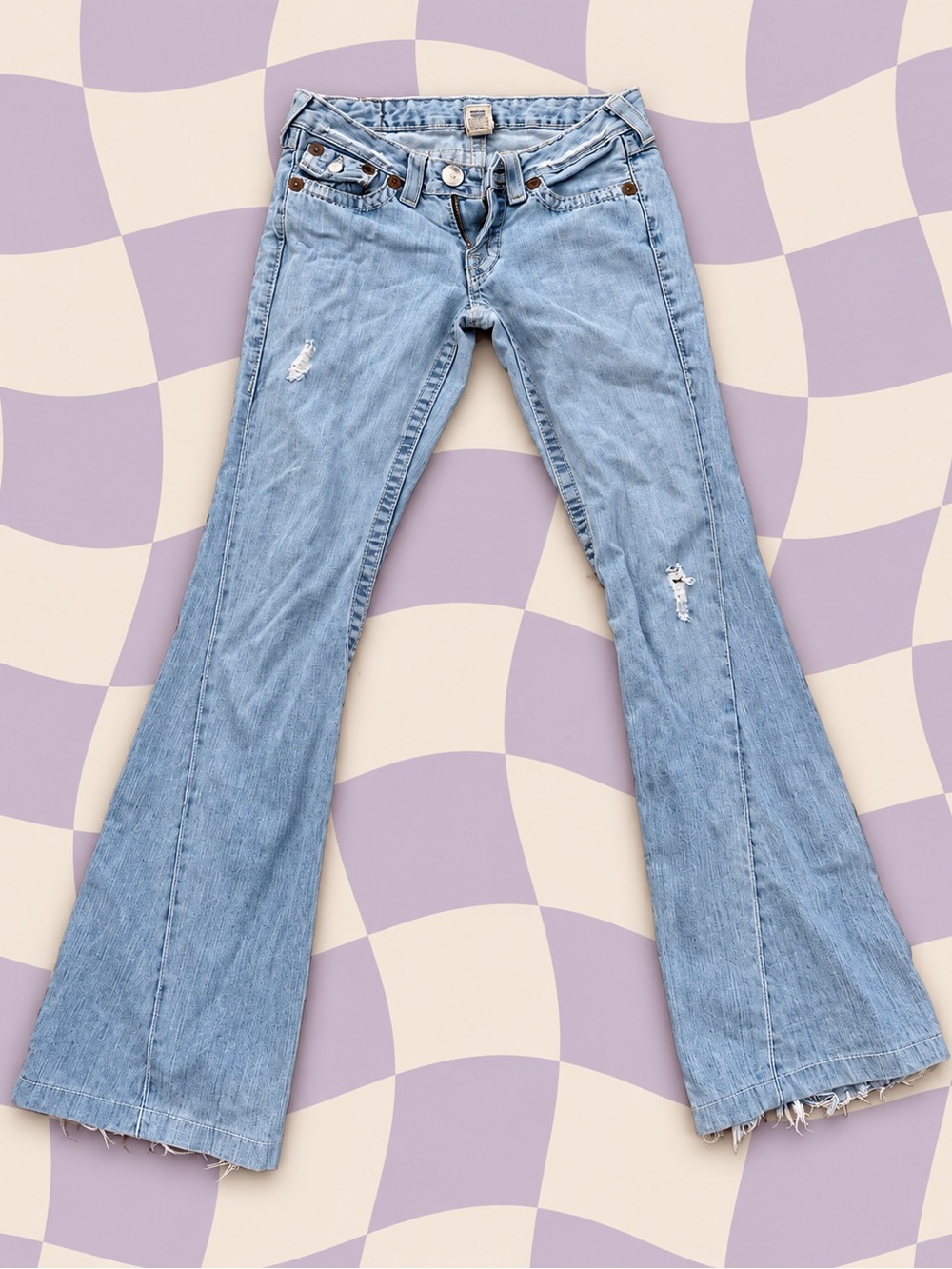 True Religion Light Blue Flare Jeans with Distressed Details
